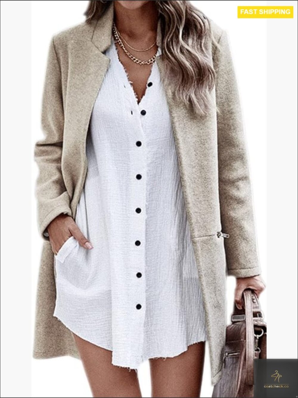 Elegant Mid-Long Cardigan Coat Open Front Zipper Pockets Stand Collar Chic